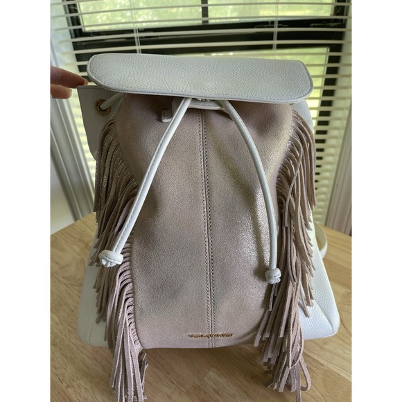 VERA BRADLEY AMY WHITE AND‎ Rose Gold SHIMMER FRINGE BACKPACK LEATHER Drawstring - Picture 1 of 16